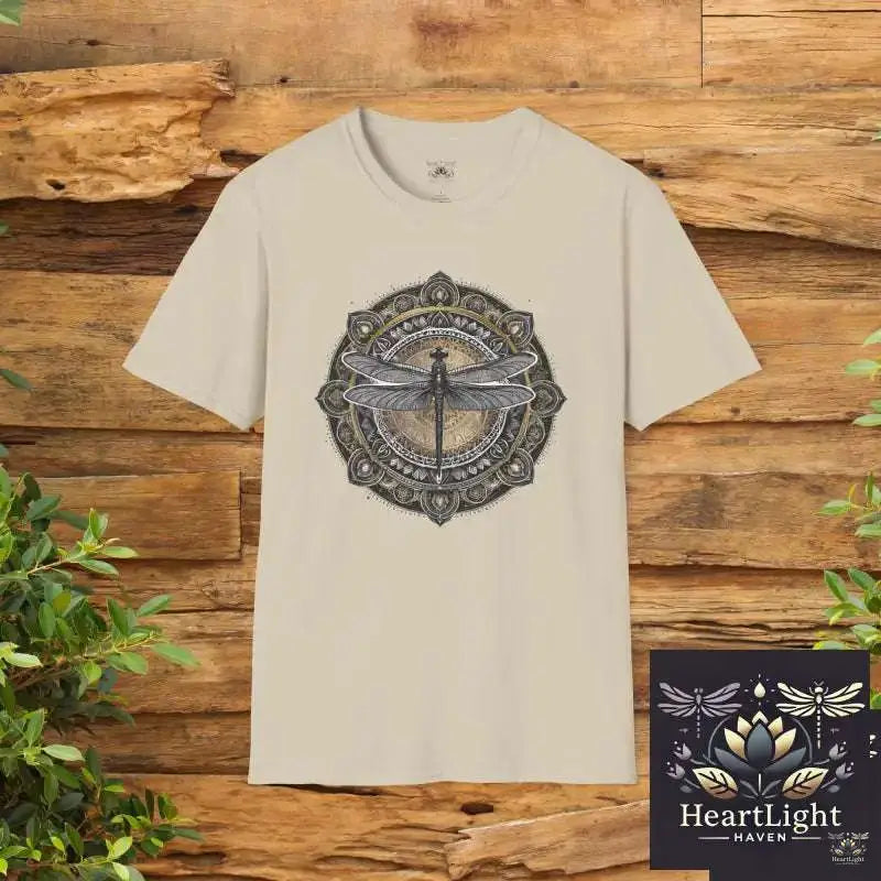 Dragonfly Mandala Unisex T-Shirt-Spirit Animal Art for Mindfulness and Transformation - S / Sand - T-Shirt