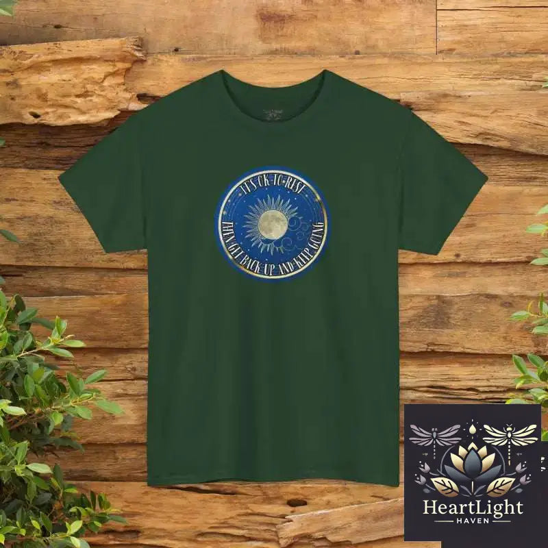 Celestial Self-Care T-Shirt: Encouraging ’It’s OK to Rest’ Unisex Tee for Mindfulness & Strength - Forest Green / S