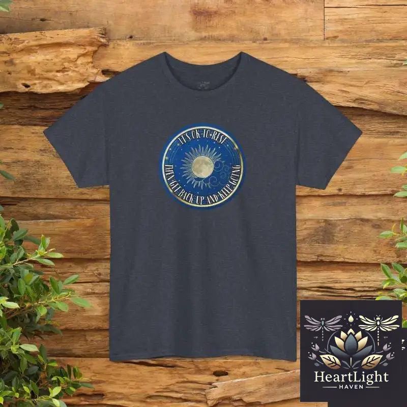 Celestial Self-Care T-Shirt: Encouraging ’It’s OK to Rest’ Unisex Tee for Mindfulness & Strength - Heather Navy / S