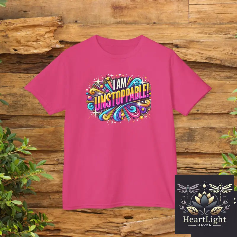 Colorful ’I Am Unstoppable’ Kids T-Shirt: Empowering Youth Apparel with Motivational Design - Heliconia / XS - Kids