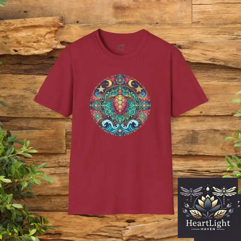 Cosmic Sea Turtle Mandala Tee: Unisex Boho Ocean-Inspired Graphic Apparel for Positive Vibes - S / Antique Cherry Red