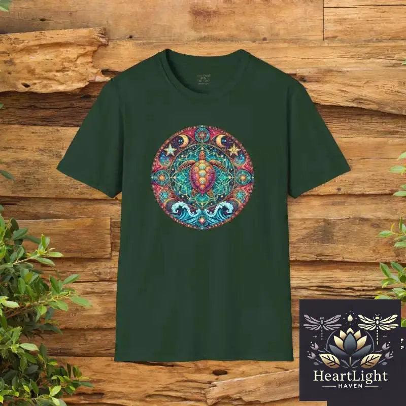 Cosmic Sea Turtle Mandala Tee: Unisex Boho Ocean-Inspired Graphic Apparel for Positive Vibes - S / Forest Green