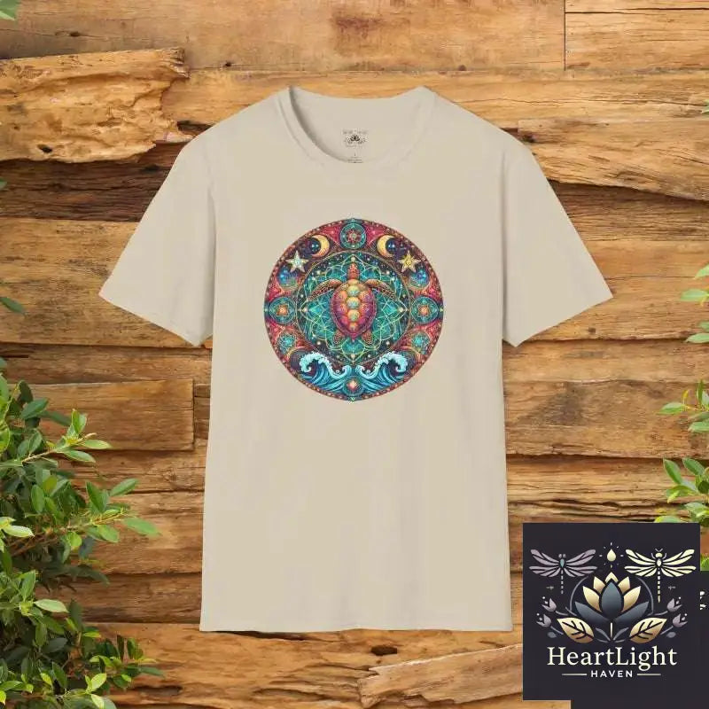 Cosmic Sea Turtle Mandala Tee: Unisex Boho Ocean-Inspired Graphic Apparel for Positive Vibes - S / Sand - T-Shirt
