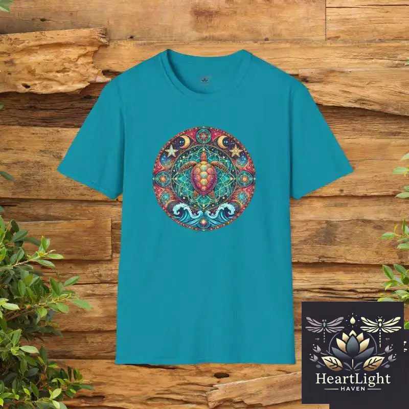 Cosmic Sea Turtle Mandala Tee: Unisex Boho Ocean-Inspired Graphic Apparel for Positive Vibes - S / Tropical Blue