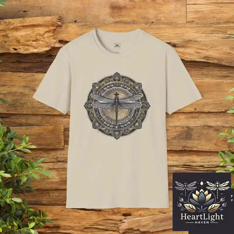 Dragonfly Mandala Unisex T-Shirt-Spirit Animal Art for Mindfulness and Transformation - S / Sand - T-Shirt