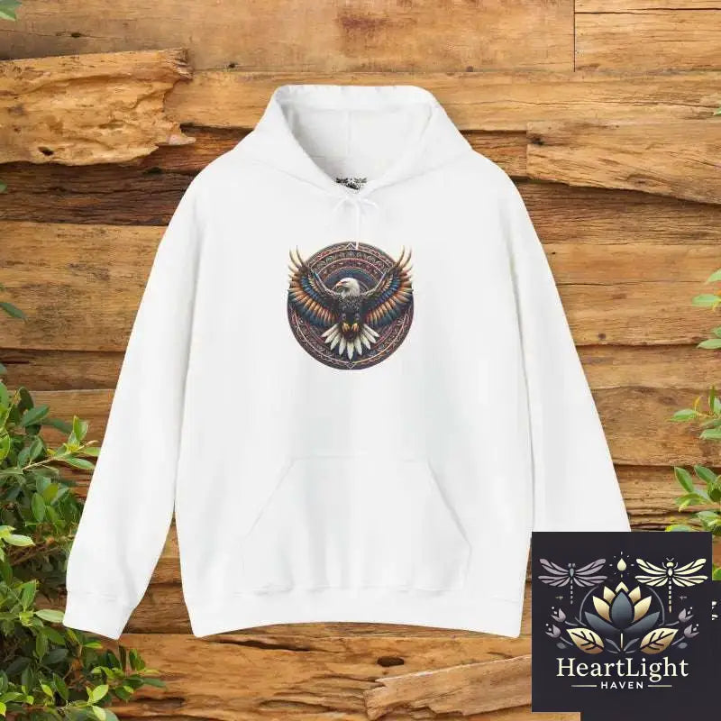 Eagle Emblem Hooded Sweatshirt Cozy Eagle Sweatshirt Nature Lover Gift Outdoor Adventure Wear - S / White - Hoodie