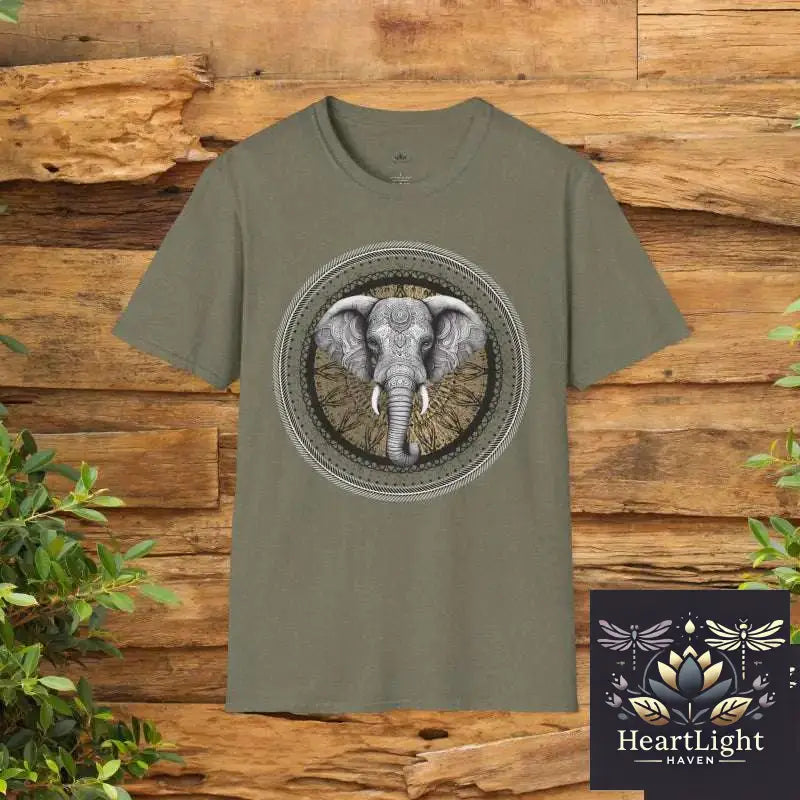 Elephant Mandala Spirit Animal T-Shirt: Boho Unisex Graphic Tee Symbolizing Strength & Wisdom - S / Heather Military