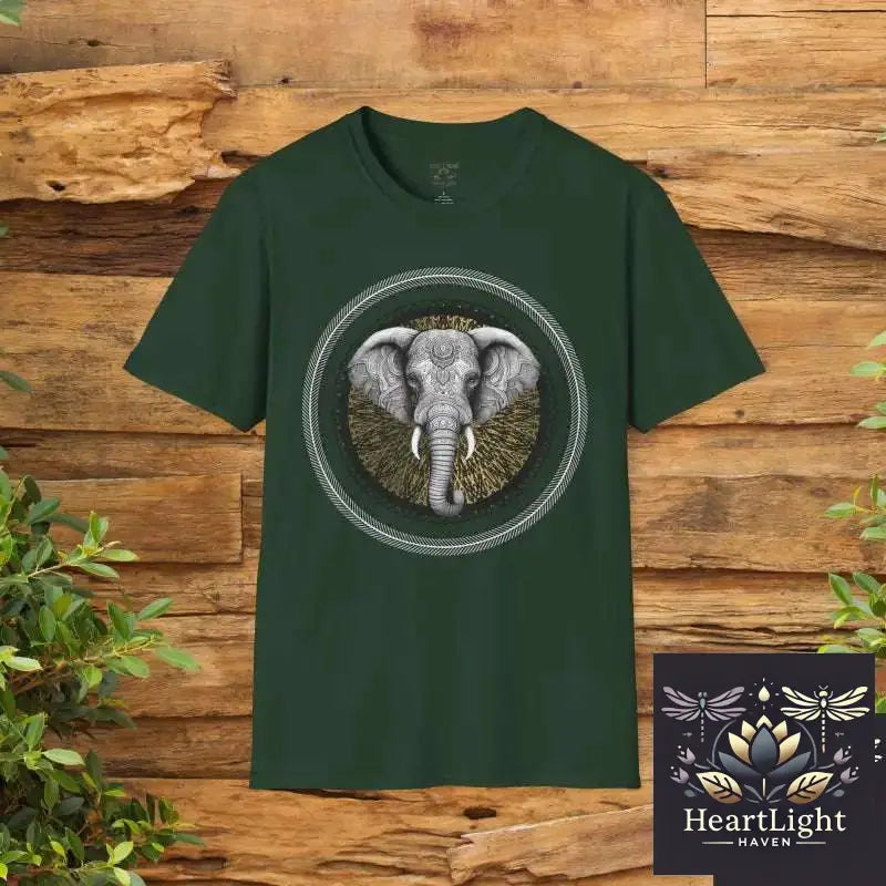 Elephant Mandala Spirit Animal T-Shirt: Boho Unisex Graphic Tee Symbolizing Strength & Wisdom - S / Forest Green