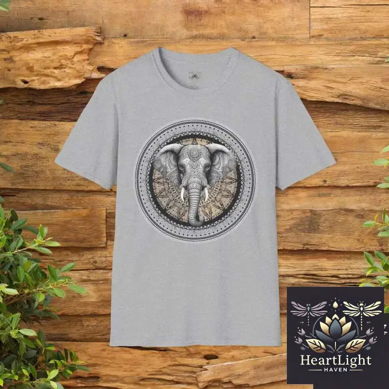 Elephant Mandala Spirit Animal T-Shirt: Boho Unisex Graphic Tee Symbolizing Strength & Wisdom - XS / Sport Grey