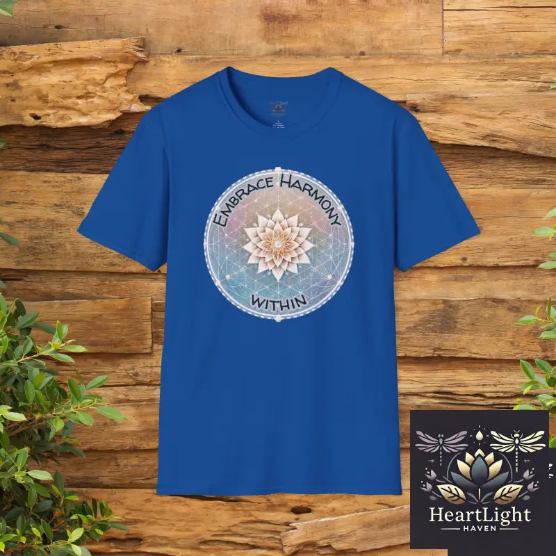 Embrace Harmony T-Shirt Relaxed Fit Tee Meditation Shirt Spiritual Gift Yoga Apparel Mindfulness Wear - XS / Royal