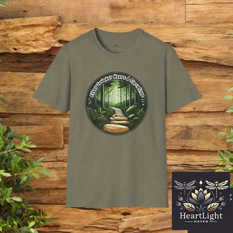 Every Journey Needs a First Step – Inspirational Hiking T-Shirt - S / Heather Military Green - T-Shirt
