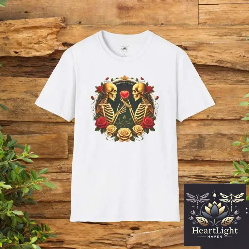 Love in Death Unisex Softstyle T-Shirt Skull Graphic Tee Gentle Spirit Gothic Fashion Valentine’s Day Gift Unisex