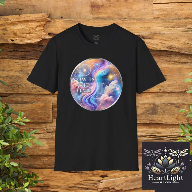 Galaxy-Inspired Unisex Softstyle T-Shirt Now Is The Time Quote Tee Cosmical Art Shirt Gift for Dreamers Motivational
