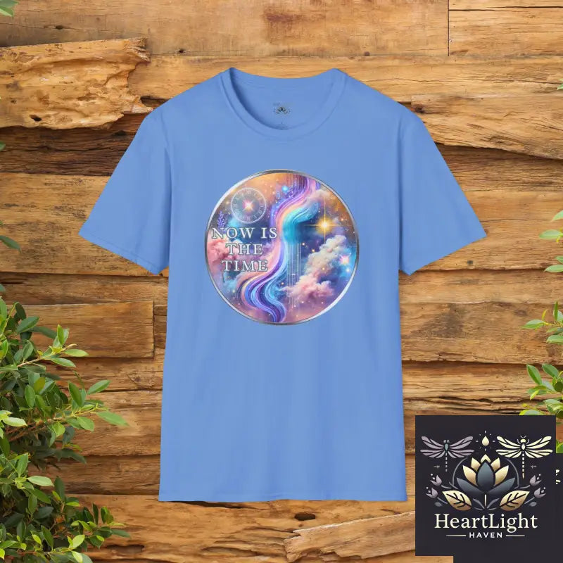 Galaxy-Inspired Unisex Softstyle T-Shirt Now Is The Time Quote Tee Cosmical Art Shirt Gift for Dreamers Motivational