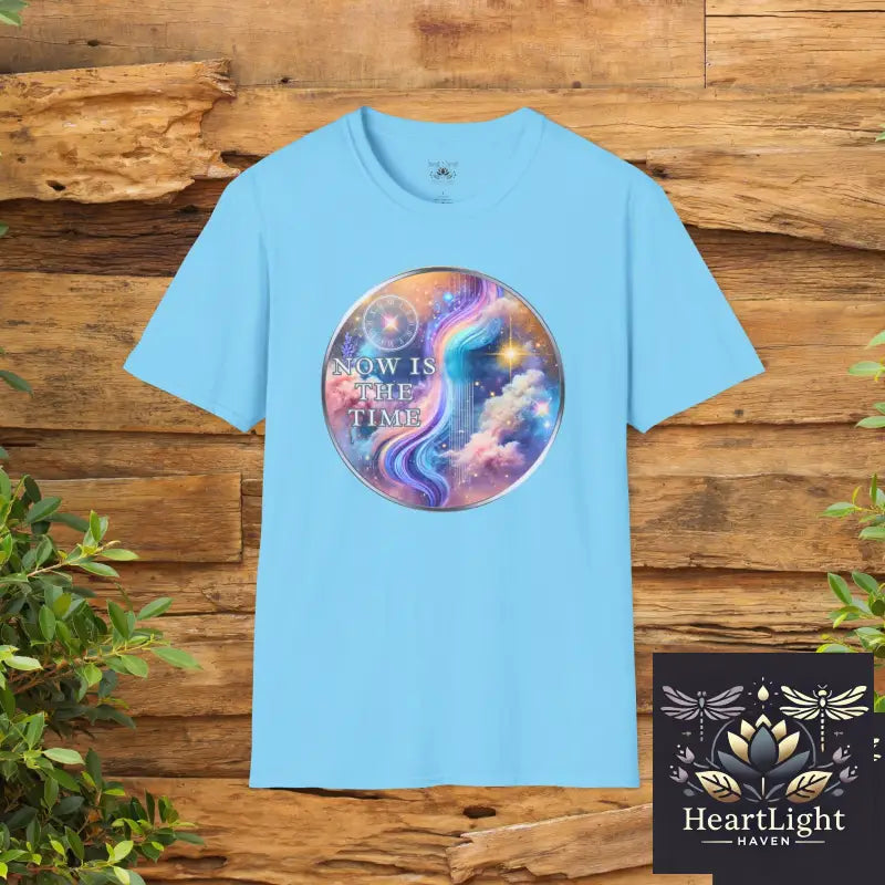 Galaxy-Inspired Unisex Softstyle T-Shirt Now Is The Time Quote Tee Cosmical Art Shirt Gift for Dreamers Motivational