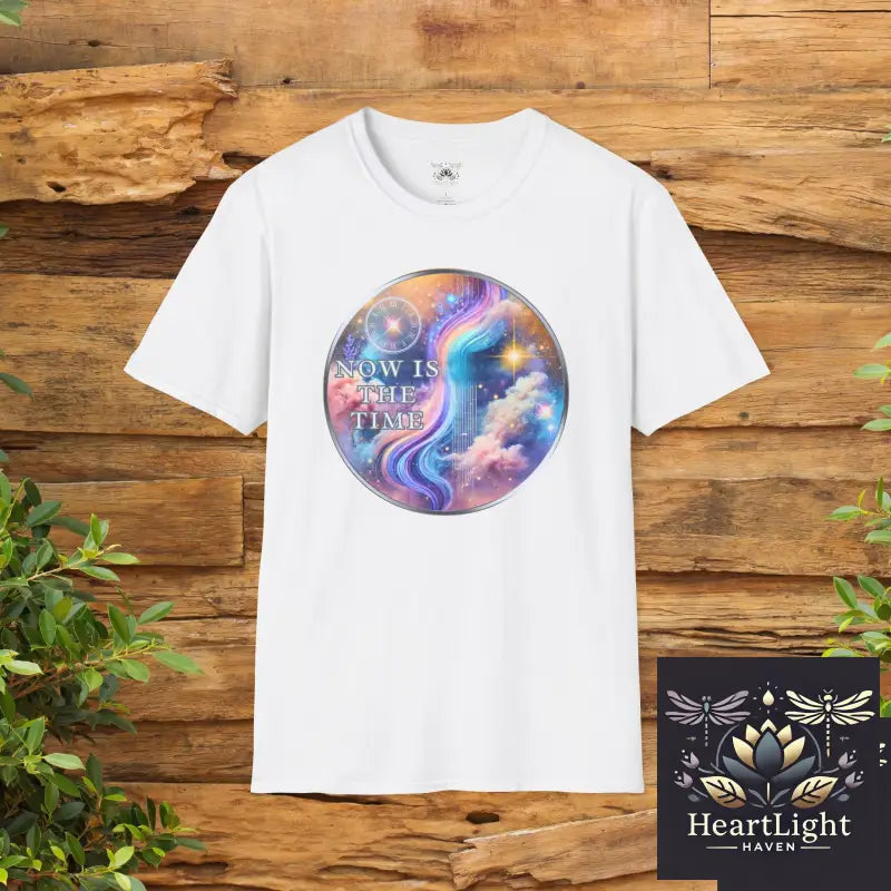 Galaxy-Inspired Unisex Softstyle T-Shirt Now Is The Time Quote Tee Cosmical Art Shirt Gift for Dreamers Motivational