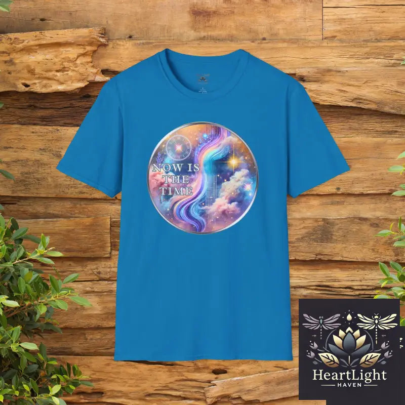 Galaxy-Inspired Unisex Softstyle T-Shirt Now Is The Time Quote Tee Cosmical Art Shirt Gift for Dreamers Motivational