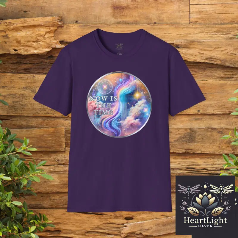 Galaxy-Inspired Unisex Softstyle T-Shirt Now Is The Time Quote Tee Cosmical Art Shirt Gift for Dreamers Motivational