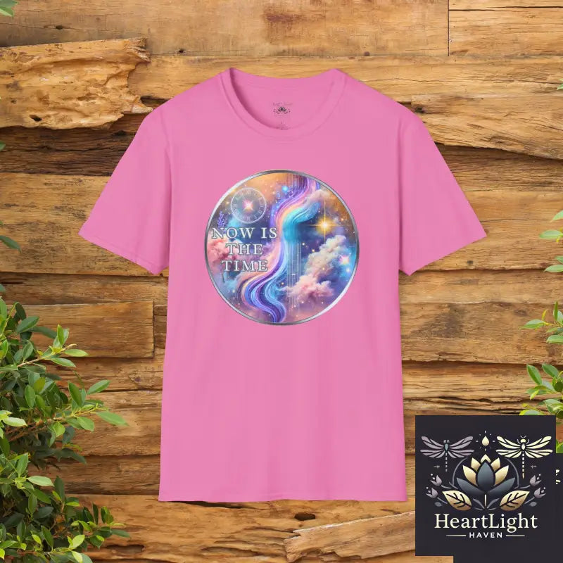 Galaxy-Inspired Unisex Softstyle T-Shirt Now Is The Time Quote Tee Cosmical Art Shirt Gift for Dreamers Motivational