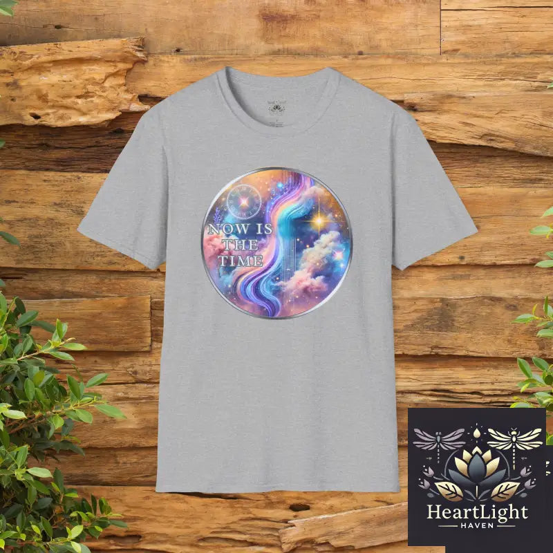 Galaxy-Inspired Unisex Softstyle T-Shirt Now Is The Time Quote Tee Cosmical Art Shirt Gift for Dreamers Motivational
