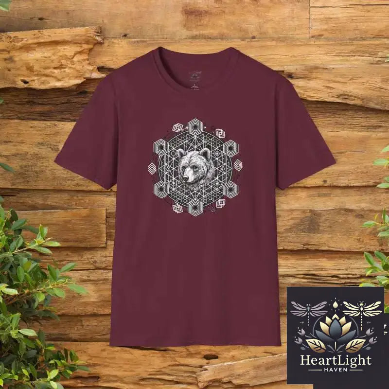 Mandala Bear Unisex Softstyle T-Shirt Bohemian Tee Nature Lover Gift Animal Art Wear Spiritual Fashion - S / Maroon