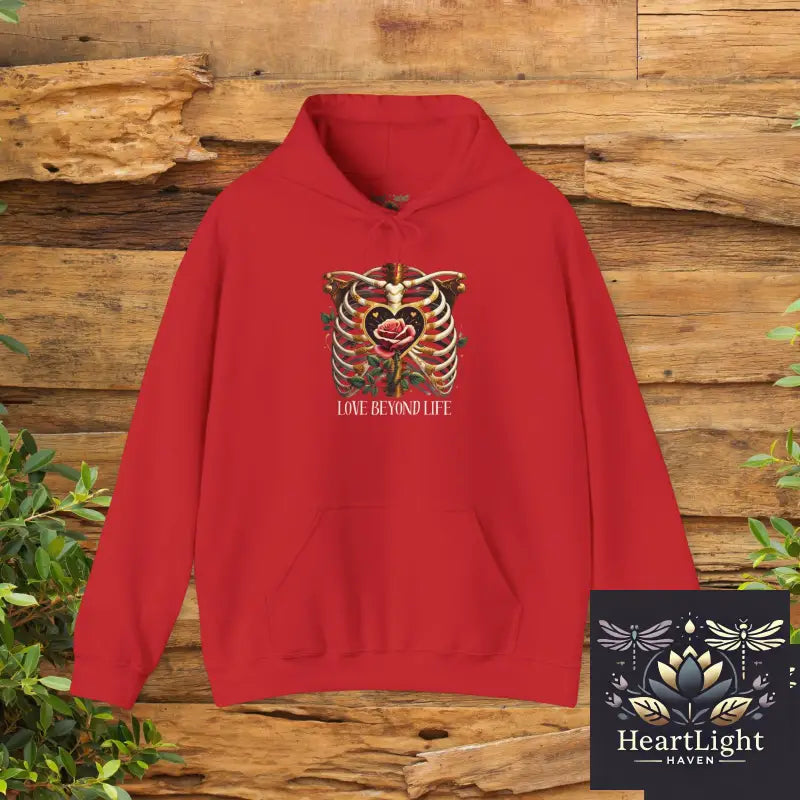 Gothic Skeleton Romance Hoodie: Love Beyond Death with Ribcage & Rose Design - Dark Eternal Embrace - S / Red - Hoodie