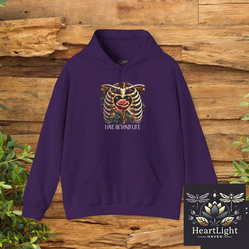 Gothic Skeleton Romance Hoodie: Love Beyond Death with Ribcage & Rose Design - Dark Eternal Embrace - S / Purple