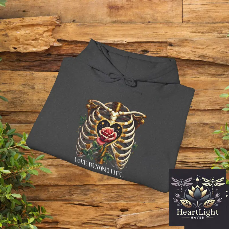 Gothic Skeleton Romance Hoodie: Love Beyond Death with Ribcage & Rose Design - Dark Eternal Embrace - Hoodie