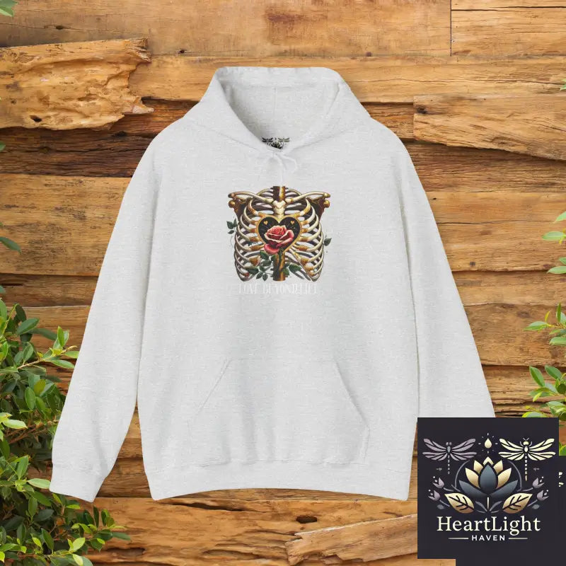 Gothic Skeleton Romance Hoodie: Love Beyond Death with Ribcage & Rose Design - Dark Eternal Embrace - S / Ash - Hoodie