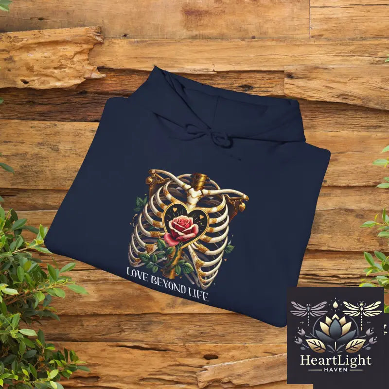 Gothic Skeleton Romance Hoodie: Love Beyond Death with Ribcage & Rose Design - Dark Eternal Embrace - Hoodie