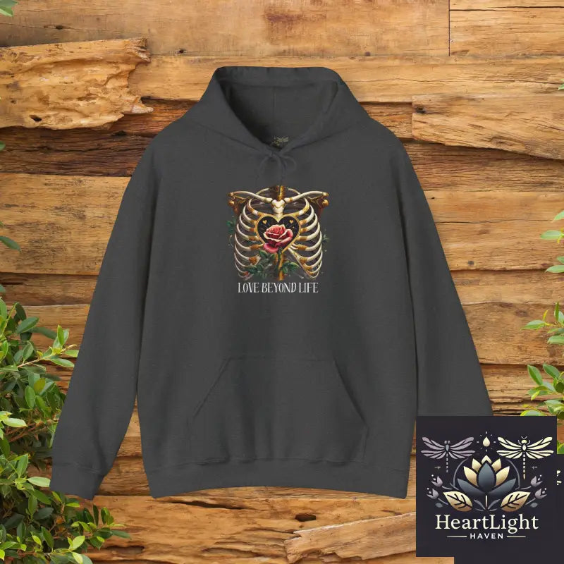 Gothic Skeleton Romance Hoodie: Love Beyond Death with Ribcage & Rose Design - Dark Eternal Embrace - S / Dark Heather