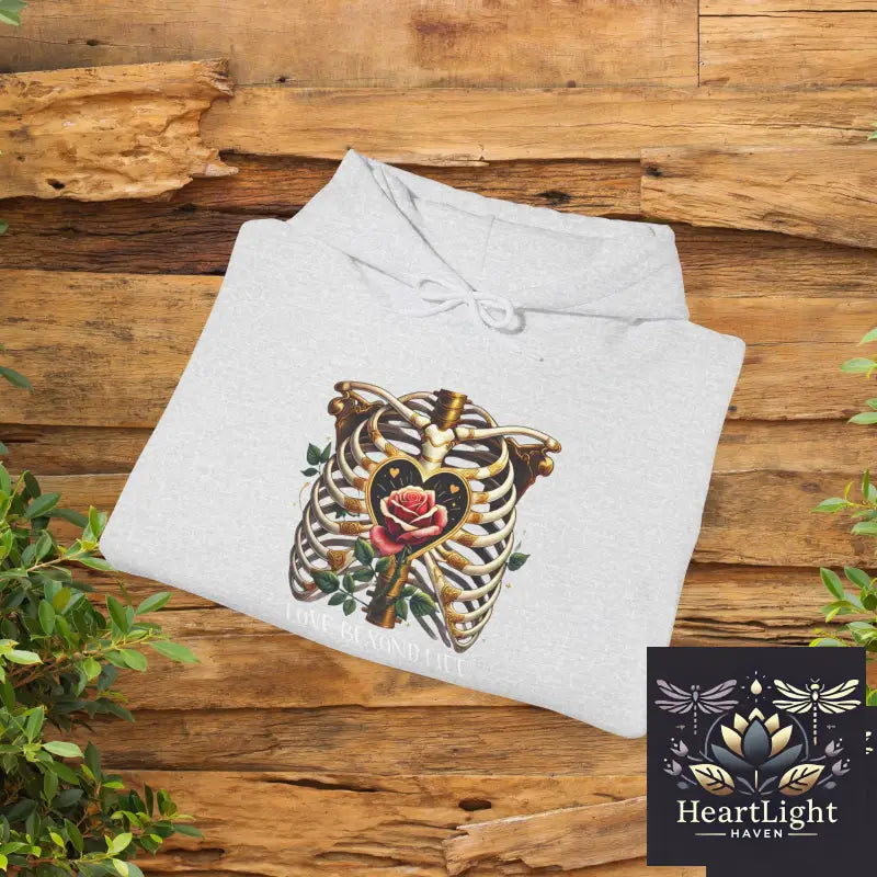 Gothic Skeleton Romance Hoodie: Love Beyond Death with Ribcage & Rose Design - Dark Eternal Embrace - Hoodie