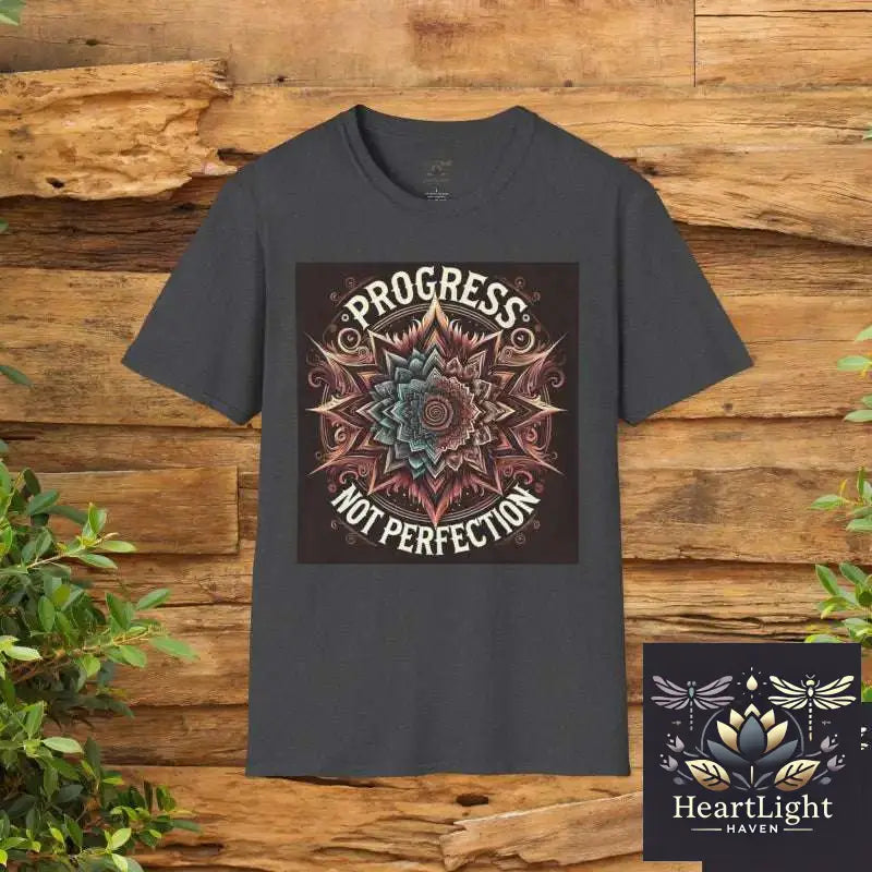 Inspirational Mandala T-Shirt: Progress Over Perfection - Unisex Empowering Graphic Tee - XS / Dark Heather - T-Shirt