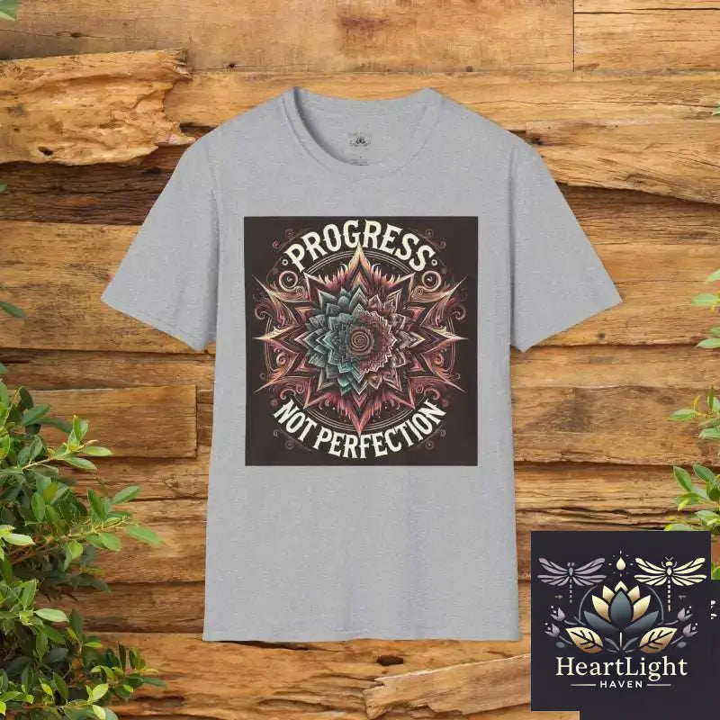 Inspirational Mandala T-Shirt: Progress Over Perfection - Unisex Empowering Graphic Tee - XS / Sport Grey - T-Shirt