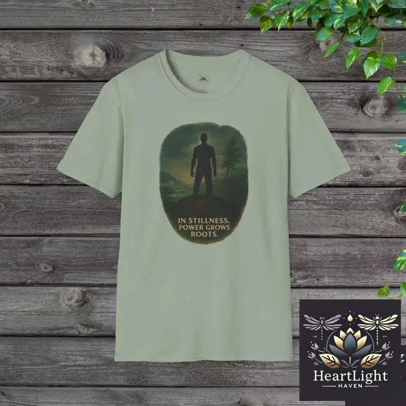 In Stillness Power Grows Roots – Unisex Mindfulness T-Shirt | Inner Strength & Grounding Apparel - S / Sage - T-Shirt
