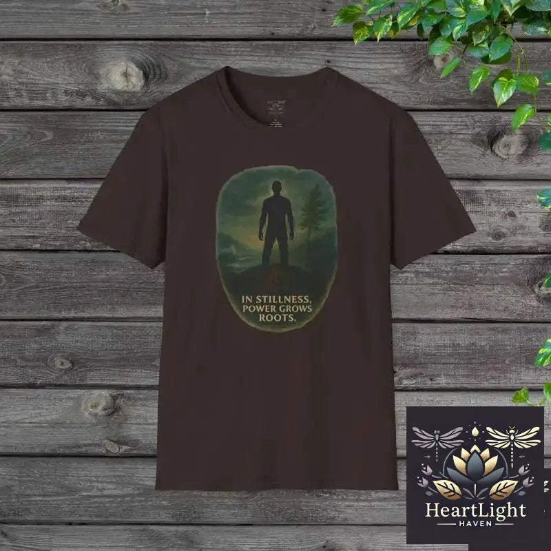 In Stillness Power Grows Roots – Unisex Mindfulness T-Shirt | Inner Strength & Grounding Apparel - S / Dark Chocolate
