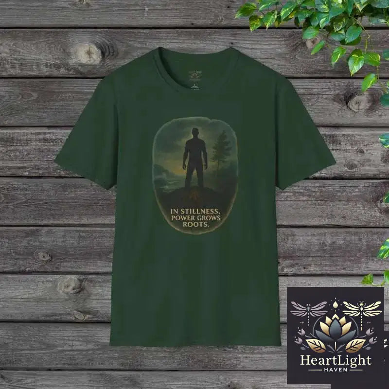 In Stillness Power Grows Roots – Unisex Mindfulness T-Shirt | Inner Strength & Grounding Apparel - S / Forest Green