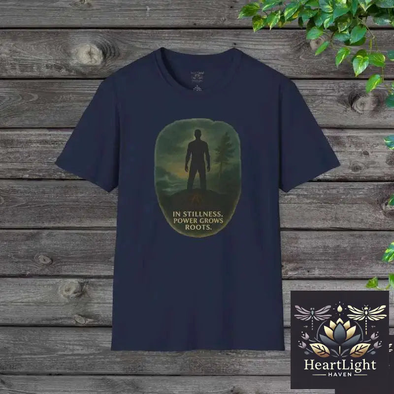 In Stillness Power Grows Roots – Unisex Mindfulness T-Shirt | Inner Strength & Grounding Apparel - XS / Navy - T-Shirt