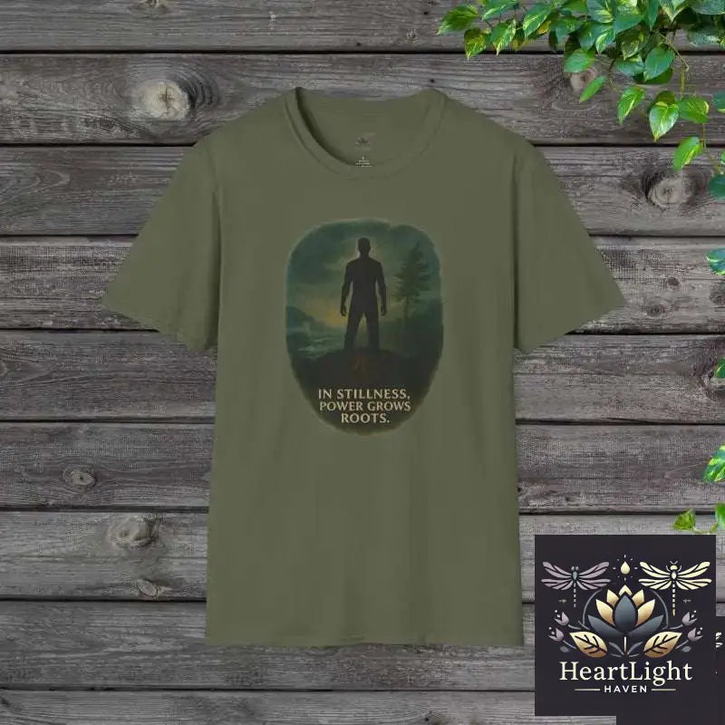 In Stillness Power Grows Roots – Unisex Mindfulness T-Shirt | Inner Strength & Grounding Apparel - S / Military Green