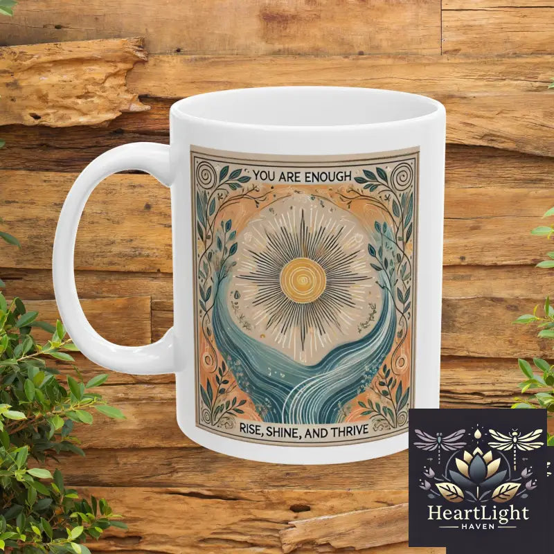 Inspirational Sun and Nature Ceramic Mug - ’Rise Shine and Thrive’ Motivational Design (11oz & 15oz) - 11oz - Mug