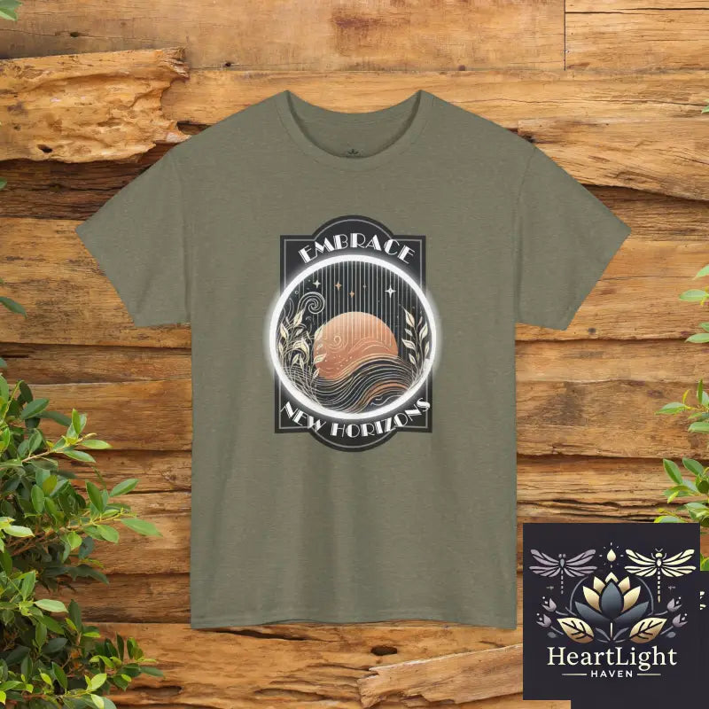 Inspiring Personal Growth T-Shirt: Embrace New Horizons - Motivational Apparel for Self-Empowerment - Heather Military