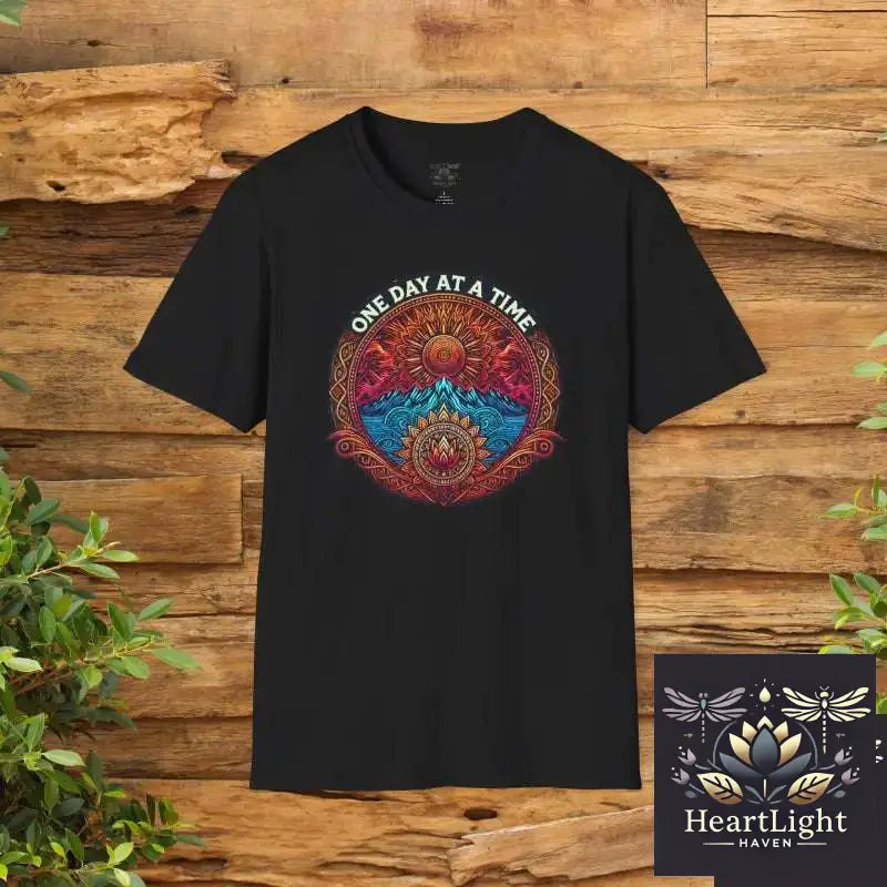 One Day at a Time T-Shirt Mandala Design Apparel Motivational Tee Gift for Mindfulness Casual Wear Spiritual Clothing