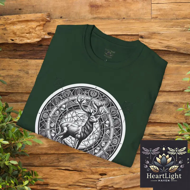 Mystical Deer Unisex Softstyle T-Shirt Nature Lover Apparel Gift for Wildlife Enthusiasts Forest-themed Fashion