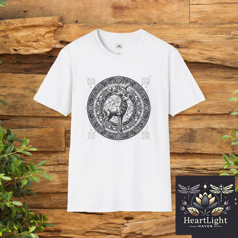 Mystical Deer Unisex Softstyle T-Shirt Nature Lover Apparel Gift for Wildlife Enthusiasts Forest-themed Fashion