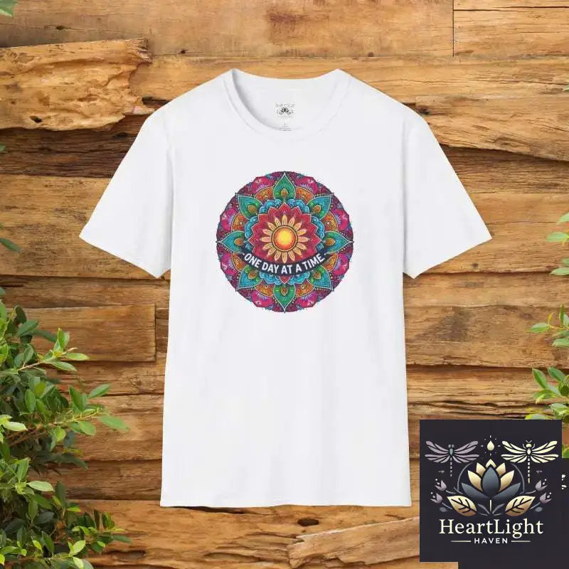Inspirational Mandala T-Shirt - One Day at a Time Tee Motivational Gift Boho Style Tee Yoga Apparel Relaxed Fit Shirt