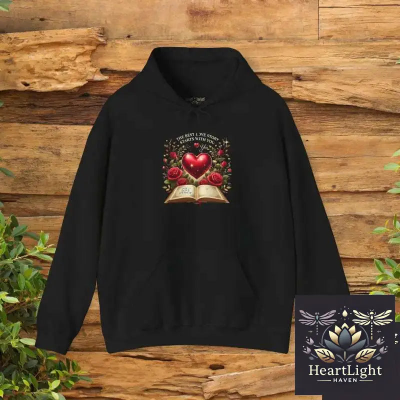 Romantic Heart & Roses Hoodie: ’Best Love Story Starts With You’ Valentine’s Day Gift for Self-Empowerment - S / Black