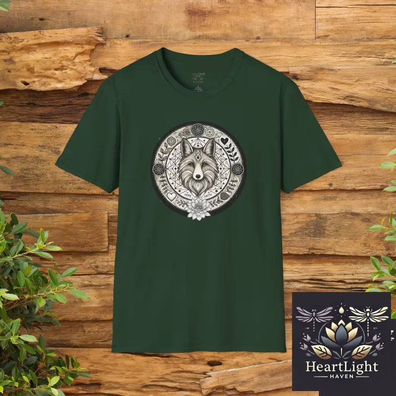 Spirit Animal Fox Mandala T-Shirt | Unisex Tee Embrace Adaptability Wisdom & Hope | Unique Fox Design - S / Forest