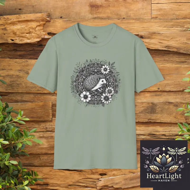 Spirit Animal Hedgehog Mandala T-Shirt: Cute Woodland Creature Floral Design for Nature Lovers - S / Sage - T-Shirt