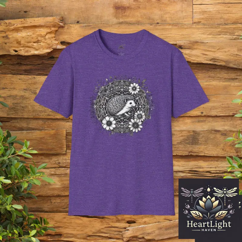 Spirit Animal Hedgehog Mandala T-Shirt: Cute Woodland Creature Floral Design for Nature Lovers - S / Heather Purple