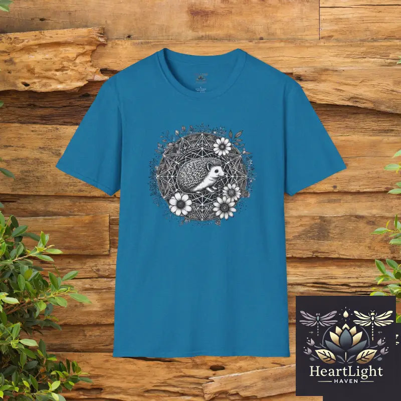 Spirit Animal Hedgehog Mandala T-Shirt: Cute Woodland Creature Floral Design for Nature Lovers - S / Antique Sapphire